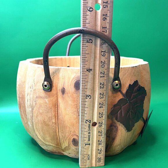 Rustic Handmade Wood Pumpkin Bowl Basket Metal Leaf Handles Fall Farmhouse - Picture 7 of 12